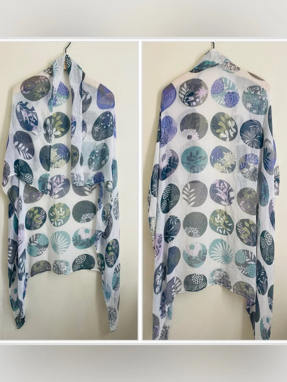 Botanical Floral Circle Print Linen Wrap Shawl Scarf 45x46